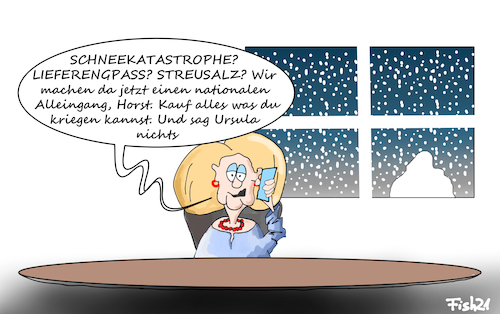 Cartoon: Schneekatastrophe (medium) by Fish tagged schnee,katastrophe,schneekatastrophe,wetter,unwetter,lieferengpass,streusalz,impfstoff,nationaler,alleingang,ursula,von,der,leyer,probleme,verzögerungen,eu,beschaffung,astrazeneca,biontech,pfizer,moderna,merkle,angela,horst,seehofer,innenminister,bundeskanzlerin,kanzlerin,lockdown,covid,19,pandemie,kaufen,straßenverkehr