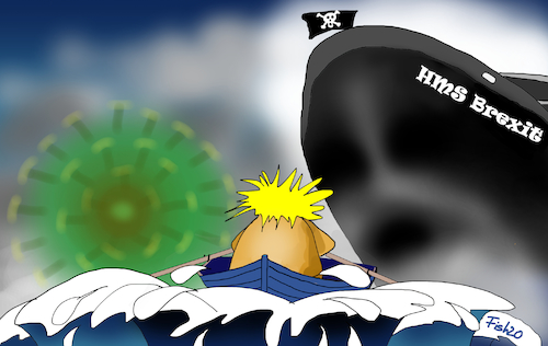 Cartoon: Schwere See (medium) by Fish tagged brexit,corona,boris,johnson,england,briten,great,britain,kontrolle,pandemie,meer,ruderboot,wellen,welle,virus,geisterschiff,flagge,totenkopf