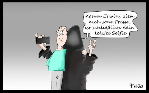 Cartoon: Selfie (medium) by Fish tagged selfie,querdenker,tod,erwin,fresse,miesepeter,handy,foto,corona,pandemie,ansteckung