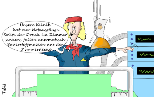 Cartoon: Sicherheitseinweisung (medium) by Fish tagged corona,krankenhaus,stewardess,flugbegleiterin,sicherheitseinweisung,flugzeug,kurzarbeit,arbeitslos,intensivstation,beatmungsgerät,zimmer,druck,notausgänge,klinik,sauerstoffmaske