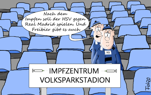 Cartoon: Impfzentrum Stadion (medium) by Fish tagged impfen,impfstoff,biontech,pfizer,spritze,fan,fussball,fusballstadion,volksparkstadion,hsv,tribüne,freibier,sitzplätze,spahn,jens