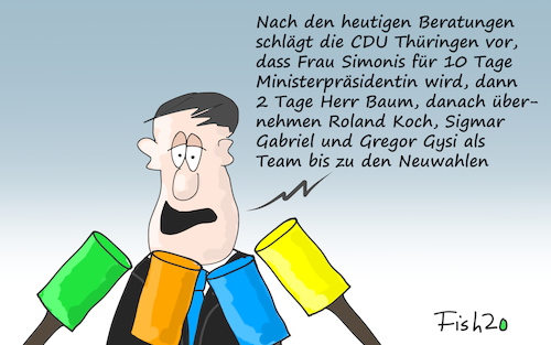 Cartoon: Teamlösung in Thüringen (medium) by Fish tagged thüringen,team,cdu,spd,fdp,afd,merkle,mohring,ramelow,gysi,gregor,siegmar,gabriel,gerhard,baum,heide,simonis,roland,koch