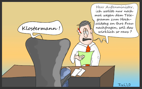Cartoon: Telegramm zum Hochzeitstag (medium) by Fish tagged auswärtiges,amt,außenminister,botschaft,deutsche,iran,steinmeier,spd,cdu,neujahr,regierung,grüße