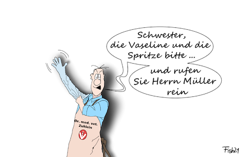 Cartoon: Tierärzte impfen (medium) by Fish tagged impfen,corona,covid,19,tierärzte,impfkampagne,merkel,spahn,ansteckung,fallzahlen,lockdown,inzidenz,öffnungen,lockerungen,spritze,schwester,gummihandschuh,veterinär,med,vet,vaseline,gleitmittel,untersuchung,prostata,cdu,csu,zuklein,doolitle,dr