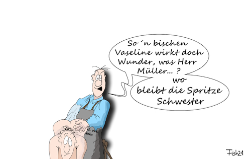 Cartoon: Tierärzte impfen II (medium) by Fish tagged impfen,corona,biontech,pfizer,moderna,astarzeneca,impfstoffmangel,ansteckung,jens,spahn,merkel,tierärzte,impfkampangne,lockdown,lockerungen,öffnungen,spritze,vaseline,cdu,spd,csu,gummihandschuh