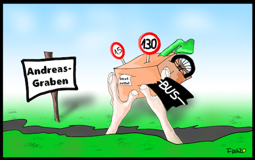 Cartoon: Verkehrspaket (medium) by Fish tagged verkehr,minister,scheuer,andreas,andreasgraben,graben,paket,tempolimit,abstandsregelung,strafzettel,bußgeld,erhöhung,fahrrad,sicherheit,csu