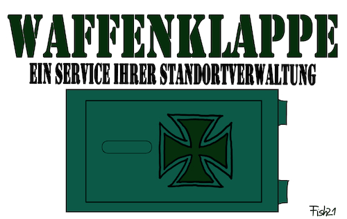 Cartoon: Waffenklappe (medium) by Fish tagged bundeswehr,ksk,kommandeur,waffen,gestohlen,diebstahl,box,waffenklappe,babyklappe,standortverwaltung,service,akk,krampkarrenbauer,verteidigungsministerin