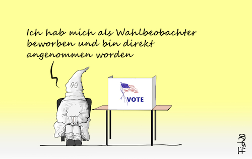 Cartoon: Wahlbeobachter (medium) by Fish tagged usa,wahl,wahlbeobachter,manipulation,trump,beinflussung,ku,klux,klan,kkk,minderheiten,schwarze,wahllokal,stimmabgabe,bewerbung,fish,briefwahl,demokraten,republikaner