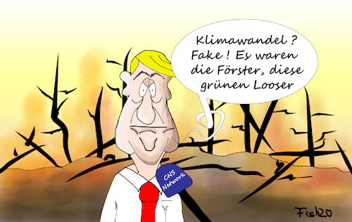 Cartoon: Waldbrände in den USA (medium) by Fish tagged usa,trum,waldbrände,feuer,löschen,klimawandel,förster,looser,leugnen,forstwirtschaft,fake,fakenews