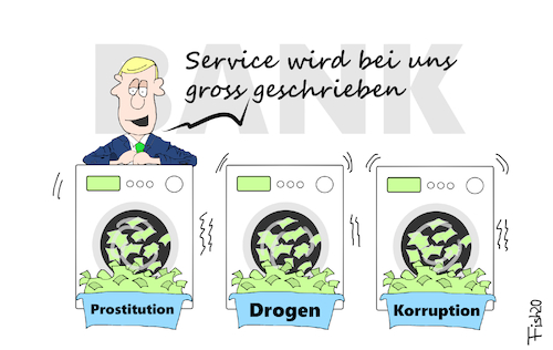 Cartoon: Waschprogramme (medium) by Fish tagged banken,geldwäsche,korruption,drogen,prostitution,fincen,leaks,waschmaschinen,bankangestellter,russland,mafia,kartelle,service