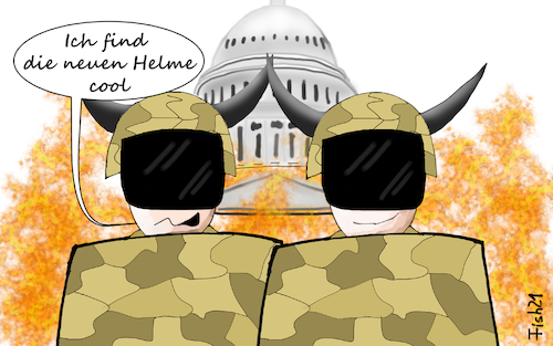 Cartoon: Washington DC rüstet auf (medium) by Fish tagged trump,biden,amtseinführung,20,januar,wahl,wahlbetrug,kapitol,sturm,demokratie,qanon,verschwörung,hörner,büffelhörner,mann,soldaten,helme,tarnkleidung
