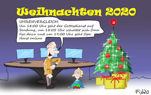 Cartoon: Weihnachten 2020 (medium) by Fish tagged weihnachten,2020,feiern,lockdown,corona,pandemie,ansteckung,tod,erkrankung,krankenhäuser,feiertage,weihnachtsbaum,geschenke,uhr,uhrenvergleich,online,wlan,internet,bildschirm,kirche,gottesdienst,opa,horst,oma,ilse,zoom,videokonferenz