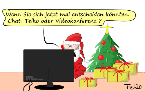 Cartoon: Weihnachten light (medium) by Fish tagged weihnachten,feiern,familie,corona,beschränkungen,lockdown,light,heiligabend,familienfest,telko,chat,videokonferenz,internet,wlan