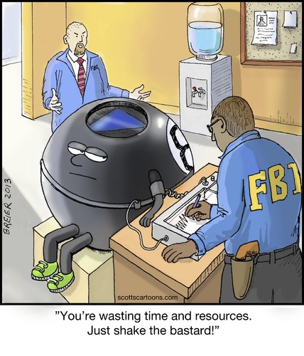 Cartoon: Magic 8 Ball (medium) by noodles tagged magic,ball,fbi,lie,detector,noodles,interrogation