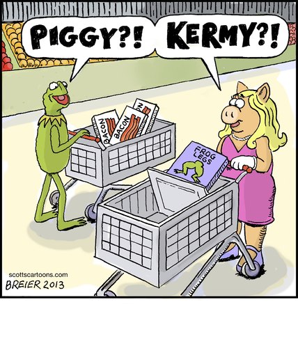 Cartoon: Piggy Kermy (medium) by noodles tagged muppets,kermit,frog,miss,piggy,bacon,legs,supermarket,surprise