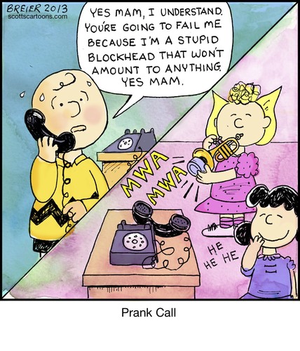 Cartoon: Prank Call (medium) by noodles tagged charlie,brown,lucy,sally,teacher,prank,call,noodles,phone