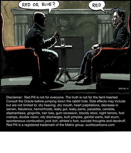 Cartoon: Red Pill (medium) by noodles tagged matrix,neo,morpheus,disclaimer,pills