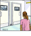 Cartoon: Radiology (small) by noodles tagged radiology,ray,hospital,men,women,bathroom