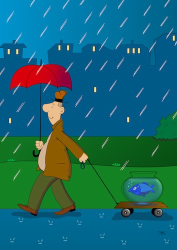 Cartoon: Flaneur (medium) by Pinella tagged spaziergänger,fisch,regen,regenschirm
