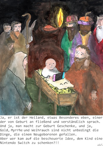 Cartoon: Weihnachten Fest des Geschenkens (medium) by Stefan von Emmerich tagged weihnachten,karrikatur,christmas,stall,hirten,heilige,drei,könige,geschenke,nintendo,switch