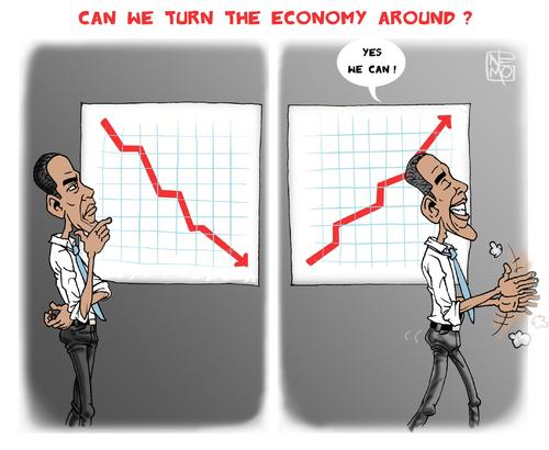 Cartoon: Can We Turn the Economy Around? (medium) by NEM0 tagged barak,obama,us,global,economy,business,jobs,job,losses,presidents,recessions,credit,crunch,green,shoots,of,recovery,american,president,the,united,states,america,recession,usa