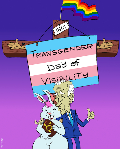 Cartoon: Easter Trans Day Of Visibility (medium) by NEM0 tagged 2024,us,usa,white,house,biden,jesus,christ,cross,crucifixion,calvary,golgotha,easter,lgbt,trans,gender,transgender,day,visibility,bunny,chocolate,egg,sniff,kiss,pagan,occult,baphomet,identity,politics,pander,nem0