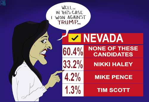 Cartoon: Nikki Haley Loses To None (medium) by NEM0 tagged 2024,usa,us,washington,dc,beltway,nikki,halley,presidential,candidate,white,house,gop,republican,neocon,rino,vp,president,dem,democrat,independent,rnc,caucus,nevada,primary,campaign,race,pence,scott,trump,none,votes,loser,win,spin,nemo