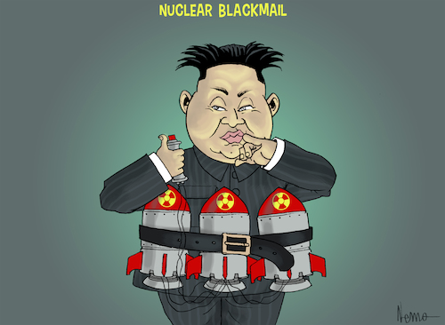 Cartoon: Nuclear Blackmail (medium) by NEM0 tagged blackmail,nuke,nuclear,missile,icbm,suicide,belt,kim,jong,un,trump,wmd,dr,evil,blackmail,nuke,nuclear,missile,icbm,suicide,belt,kim,jong,un,trump,wmd