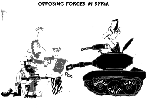 Cartoon: Opposing Forces in Syria (medium) by NEM0 tagged forces,armed,shooting,dictatorship,dictator,politician,syria,civilians,civilian,spring,arab,uprising,rebellion,rebels,tank,president,assad,al,bashar