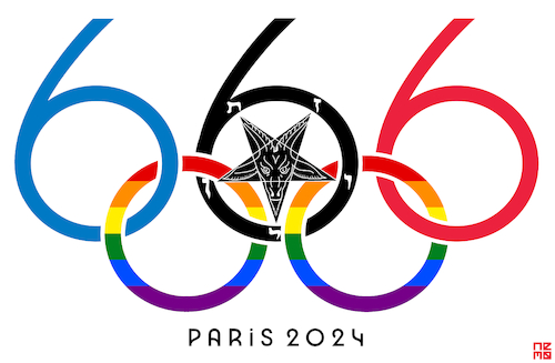 Cartoon: Paris Olympics Opening (medium) by NEM0 tagged 2024,france,ioc,olympic,games,paris,33,thirty,third,summer,opening,ceremony,blaspheme,last,supper,da,vinci,inclusive,sex,gender,lgbt,exclusive,freemason,luciferian,occult,satanic,babylon,pentagram,baphomet,macron,divisive,provocation,offensive,revoultion,jacoblin,ritual,apocalypse,days,666,eiffel,tower,logo,design,theme,nemo