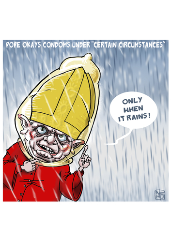 Cartoon: Pope Okays Condoms (medium) by NEM0 tagged im,moral,virtue,vatican,stds,std,roman,rome,commandments,sins,sin,prostitution,gays,gay,homosexuality,sexuality,pope,ok,nemo,disorder,disease,sexual,diseases,contraception,condoms,condom,christians,christian,catholics,catholic,xvi,benedict,accept,aids