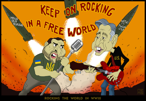 Cartoon: ROCKING THE WORLD IN WWIII (medium) by NEM0 tagged 2024,us,washington,dc,congress,ukraine,russia,kiev,kiyv,moscow,kremlin,final,wwiii,war,uk,eu,empire,biden,blinken,sullivan,austin,zelensky,regime,dictator,putin,military,industrial,complex,nwo,army,pentagon,dod,mod,nato,crimea,sebastopol,authoritarian,martial,law,democracy,terror,weapons,aid,artillery,missile,atacm,warmonger,neocon,unipolar,hegemon,proxy,warfare,destabilisation,cringe,guitar,micro,keep,on,rocking,free,world,neil,young,song,nemo
