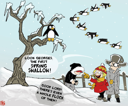 Cartoon: Spring Back (medium) by NEM0 tagged spring,swallow,winter,snow,penguin,cold,tree,ice,weather,meteorology