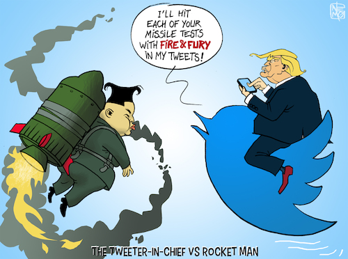 Cartoon: Tweeter in Chief VS Rocket Man (medium) by NEM0 tagged trump,kim,jong,un,north,korea,dpkr,us,usa,twitter,rocketman,fire,fury,trump,kim,jong,un,north,korea,dpkr,us,usa,twitter,rocketman,fire,fury