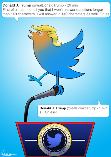 Cartoon: Twitterer of the United States (medium) by NEM0 tagged donald,trump,tweet,twitter,internet,social,media,network,realdonaldtrump,communications,technology,smartphone,press,conference,journalism,journalist,nemo,nem0,donald,trump,tweet,twitter,internet,social,media,network,realdonaldtrump,communications,technology,smartphone,press,conference,journalism,journalist