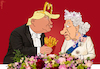 Cartoon: Pomp at Buckingham Palace (small) by NEM0 tagged usa,potus,president,trump,england,london,queen,elizabeth,ii,buckingham,palace,uk,great,britain,pomp,mc,donald,fries,crown,tiara,bling,royal,reception,state,diner,fast,food,king,burger,windsors,nem0