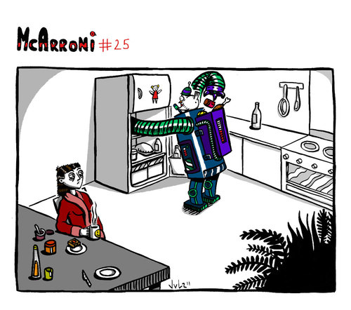 Cartoon: McArroni nro. 25 (medium) by julianloa tagged mcarroni,bird,food,breakfast,kitchen,robot,fridge