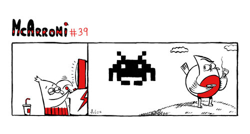 Cartoon: McArroni nro. 39 (medium) by julianloa tagged mcarroni,bird,amadeo,space,invader,playing