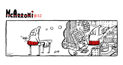 Cartoon: McArroni nro. 52 (medium) by julianloa tagged mcarroni,amadeo,fitness,weights,city,destruction,fantasy