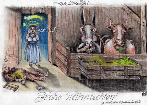 Cartoon: Die hl. Familie!??? (medium) by bvhabenicht tagged zimmermann,stall,krippe,maria,joseph,säufer,ochse,esel,familie,heilige