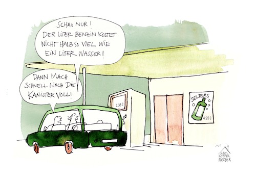 Cartoon: Benzin (medium) by Koppelredder tagged benzin,super,benzinpreise,tankstelle,energiepreise,energiekrise,tanken,mineralwasser,benzin,super,benzinpreise,tankstelle,energiepreise,energiekrise,tanken,mineralwasser