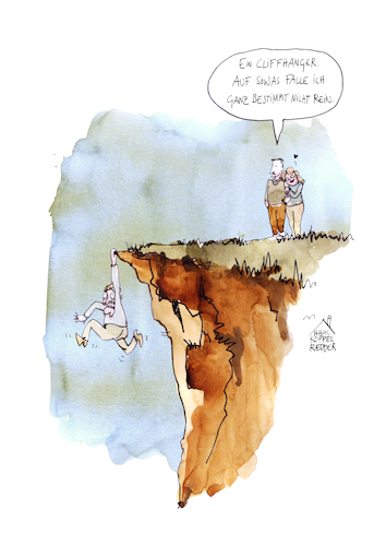 Cartoon: Cliffhanger (medium) by Koppelredder tagged cliffhanger,spannung,hilfe,unterlassenehilfe,unfall,serie,abgrund,prahlerei,cliffhanger,spannung,hilfe,unterlassenehilfe,unfall,serie,abgrund,prahlerei