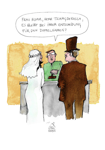 Cartoon: Doppelname (medium) by Koppelredder tagged doppelname,name,nachname,standesamt,hochzeit,tschingderassabum,doppelname,name,nachname,standesamt,hochzeit,tschingderassabum