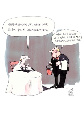 Cartoon: Galle (medium) by Koppelredder tagged galle,hals,restaurant,kellner,ober,aggressionen,wut,wutbürger,warten,galle,hals,restaurant,kellner,ober,aggressionen,wut,wutbürger,warten