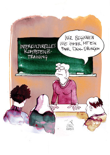 Cartoon: Interkulturelle Kompetenz (medium) by Koppelredder tagged interkulturalität,kultur,lehrerin,schüler,tafel,kompetenz,kompetenztraining,fortbildung,vhs,einwanderung,sprache,dänen,dänemark,dehnübungen,interkulturalität,kultur,lehrerin,schüler,tafel,kompetenz,kompetenztraining,fortbildung,vhs,einwanderung,sprache,dänen,dänemark,dehnübungen