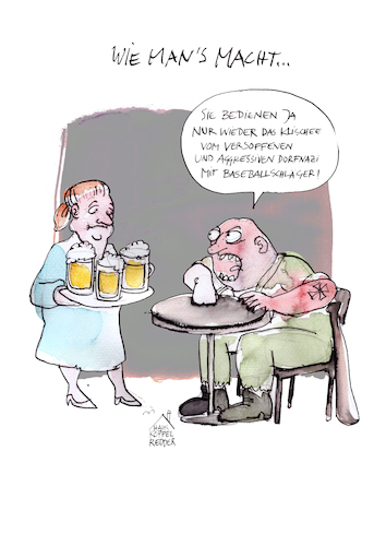 Cartoon: Klischees (medium) by Koppelredder tagged klischee,suff,nazi,neonazi,bier,bedienung,aggression,gewalt,gewaltbereitschaft,skinhead,klischee,suff,nazi,neonazi,bier,bedienung,aggression,gewalt,gewaltbereitschaft,skinhead