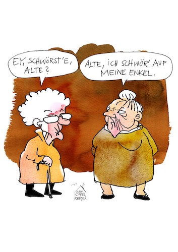 Cartoon: Schwur (medium) by Koppelredder tagged alter,alte,omas,junge,enkel,schwören,schwur,jargon,slang,jugendsprache,alter,alte,omas,junge,enkel,schwören,schwur,jargon,slang,jugendsprache