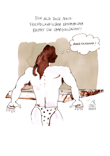 Cartoon: Spargeltarzan (medium) by Koppelredder tagged tarzan,spargel,spargelernte,spargelsaison,spargelstechen,erntehelfer,ausbeutung,tarzan,spargel,spargelernte,spargelsaison,spargelstechen,erntehelfer,ausbeutung