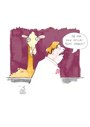 Cartoon: Spucktest (medium) by Koppelredder tagged spucktest,covid19,corona,schnelltest,testzentrum,apotheke,lama,alpaka,spucktest,covid19,corona,schnelltest,testzentrum,apotheke,lama,alpaka