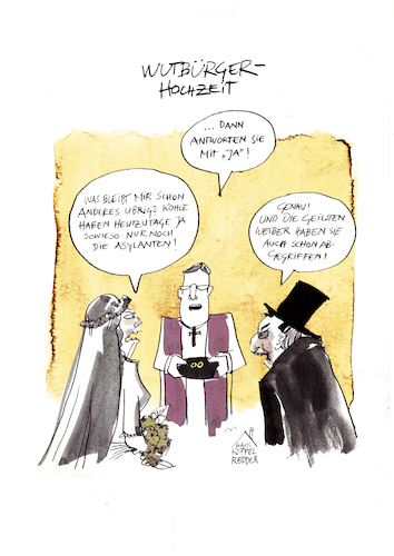 Cartoon: Wutbürgerhochzeit (medium) by Koppelredder tagged racism,wutbürger,aggression,hochzeit,asyl,rassismus,sexismus,ehe,priester,kirche,eheringe,hass,frustration,neid,wutbürger,aggression,hochzeit,asyl,rassismus,sexismus,ehe,priester,kirche,eheringe,hass,frustration,neid